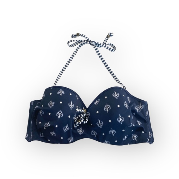 Timeout ᯾ Nautical Print Bandeau Bikini Top ᯾ Navy White Anchors + Stripes ᯾ L - Picture 2 of 16